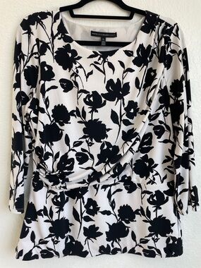 White House Black Market • Black and White Floral Draped Blouse • XL